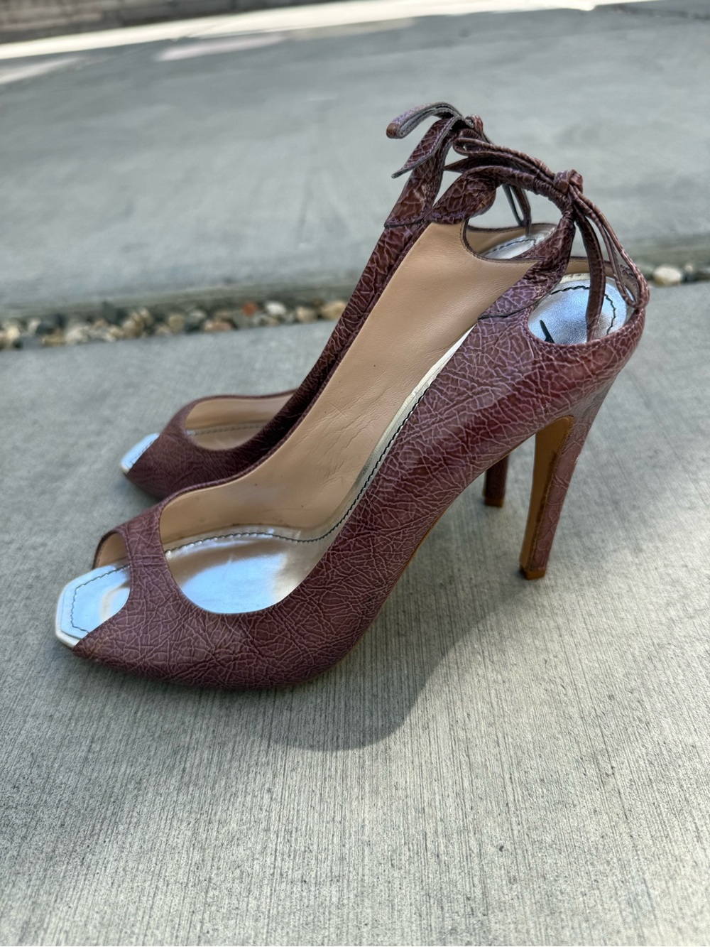 Brown Peep-Toe Stiletto Heels with Ankle Tie